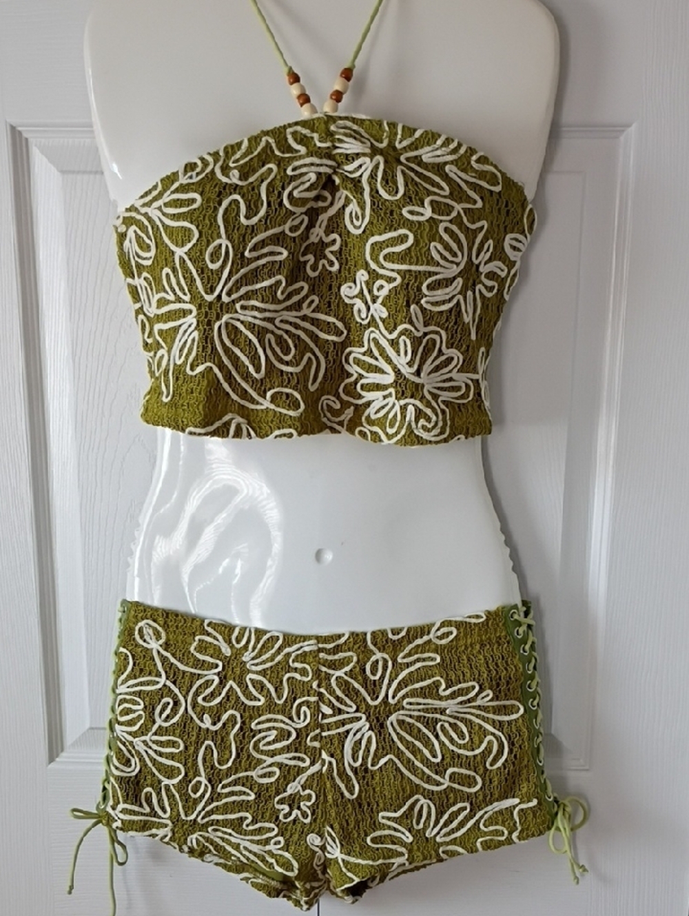 Olive Green Floral Embroidered Halter Top Short Set - Shein